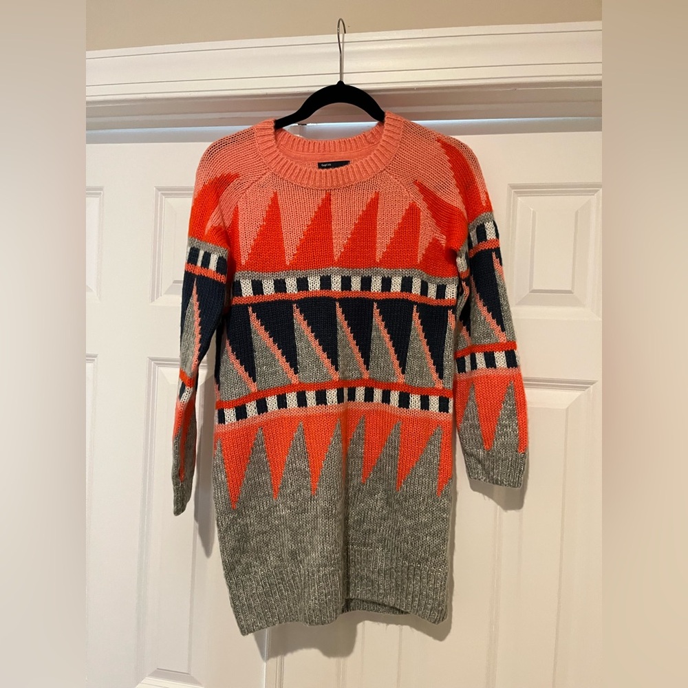 Gap Kids Girls Size L12-14 Warm Sweater Dress Knit Grey Orange w/geometric print